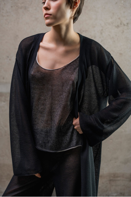 Long Black Translucent Textured Cardigan