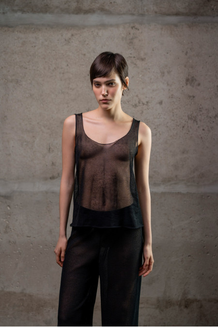 Black Translucent Textured Trousers
