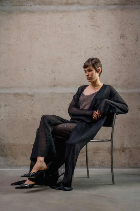 Black Translucent Textured Trousers
