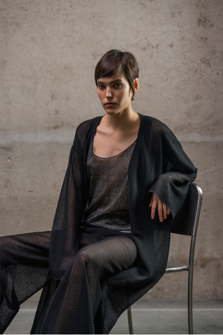 Black Translucent Textured Trousers