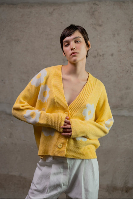 Light Yellow Oversized Cardigan With Flowers