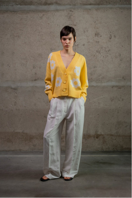 Light Yellow Oversized Cardigan With Flowers