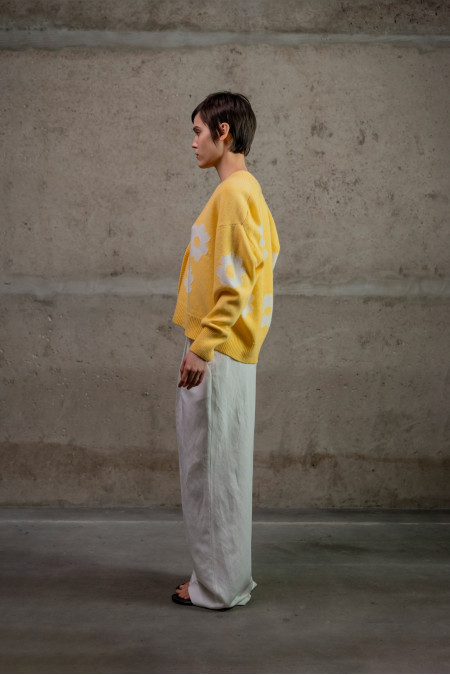 Light Yellow Oversized Cardigan With Flowers