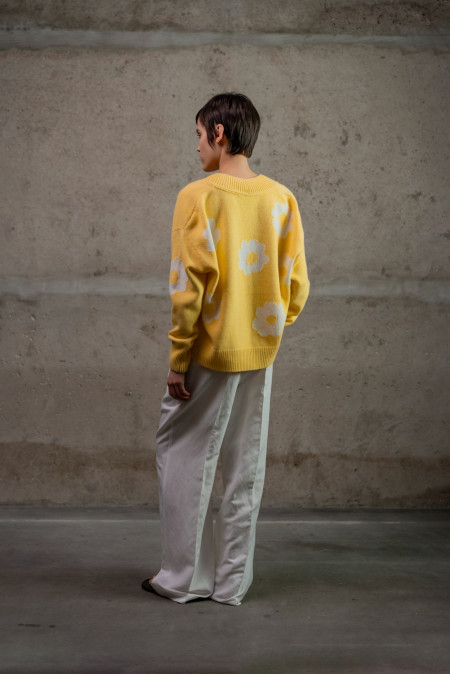 Light Yellow Oversized Cardigan With Flowers