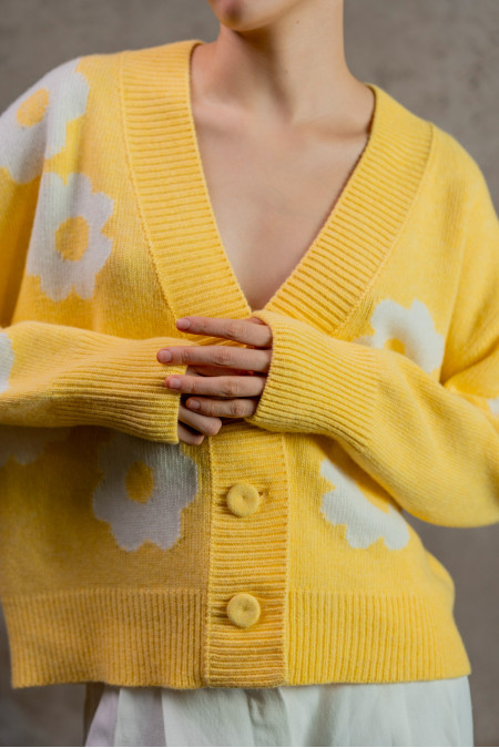 Light Yellow Oversized Cardigan With Flowers