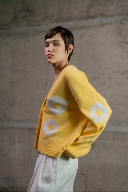 Light Yellow Oversized Cardigan With Flowers