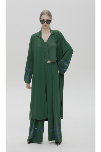 Длинный тонкий кардиган с декором на рукавах зеленый