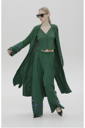 Длинный тонкий кардиган с декором на рукавах зеленый