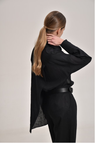 Black Overlap Back Slit Linen Shirt 