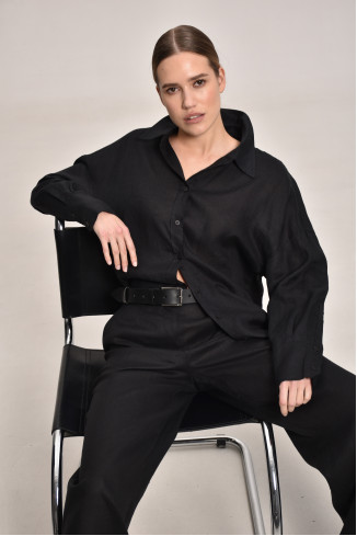 Black Overlap Back Slit Linen Shirt 