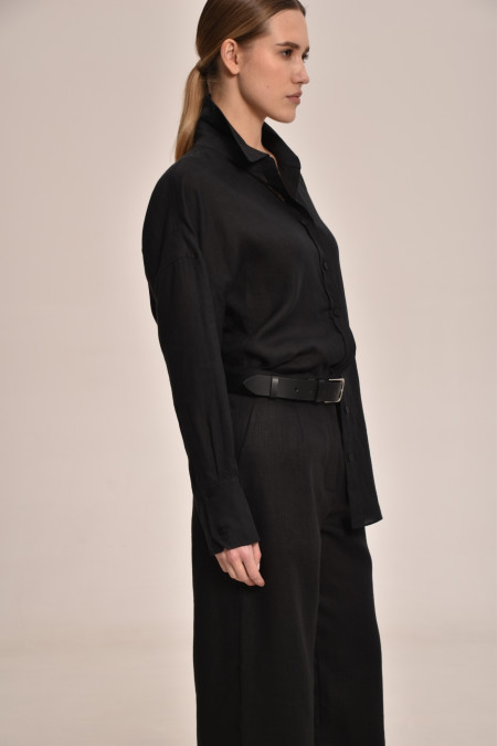 Сорочка з льону з розрізом нахлистом на спині чорна