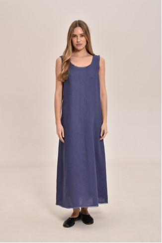 Blue Linen Dress With Wide Shoulder Straps