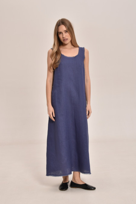 Лляна сукня на широких бретелях синя