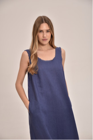 Blue Linen Dress With Wide Shoulder Straps