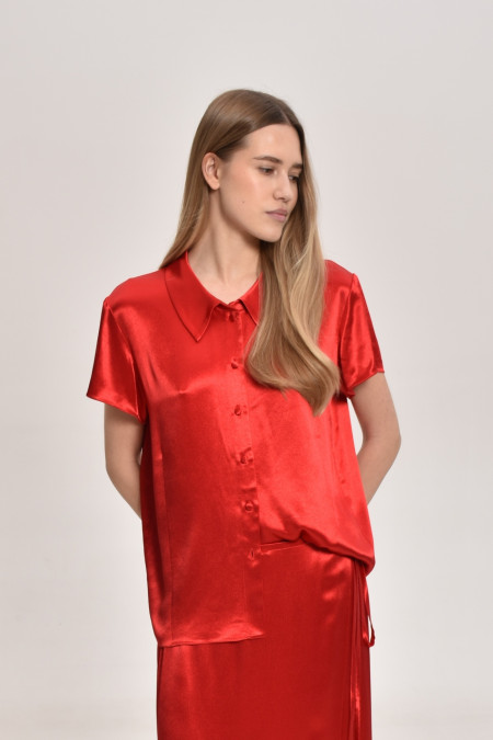 Red Viscose Button-Down Blouse