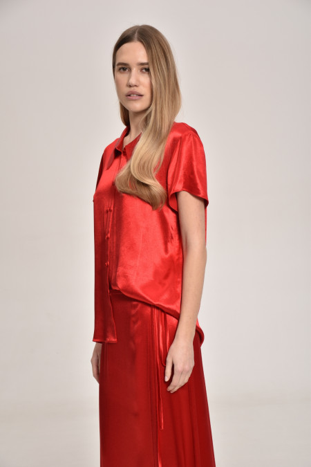 Red Viscose Button-Down Blouse