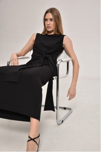 Black Sleeveless Viscose Dress With Tie At The Waist