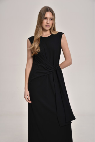 Black Sleeveless Viscose Dress With Tie At The Waist