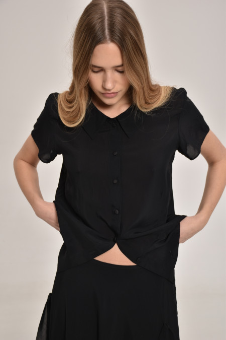 Black Viscose Button-Down Blouse