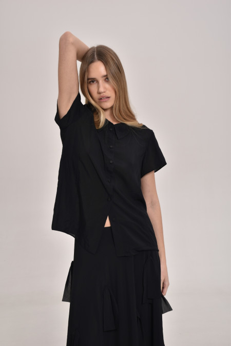 Black Viscose Button-Down Blouse