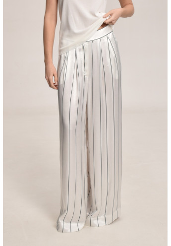 Wide White Viscose Striped Trousers