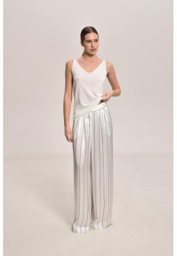 Wide White Viscose Striped Trousers