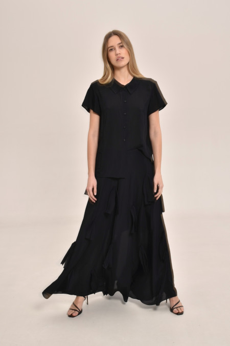 Black Viscose Button-Down Blouse