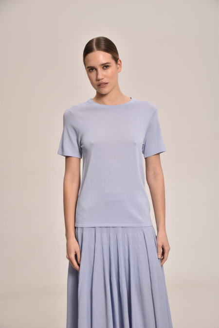 Light Blue Viscose Short-Sleeved Basic Jumper
