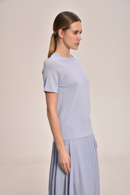 Light Blue Viscose Short-Sleeved Basic Jumper