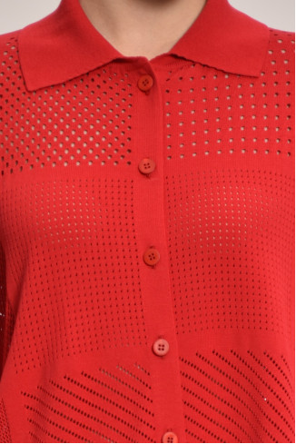 Трикотажная рубашка из кружевной сетки красная