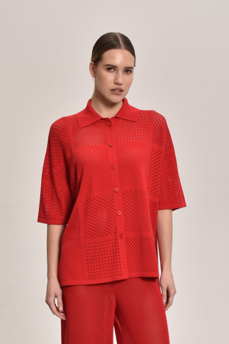 Red Lace Mesh Blouse