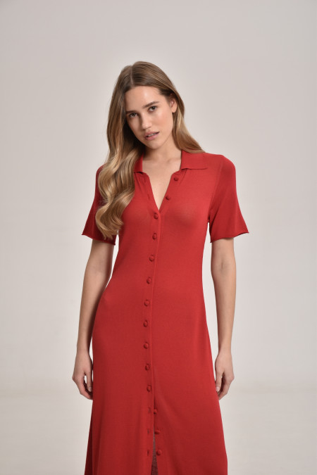 Dark Red Maxi Viscose Knit Button Down Dress
