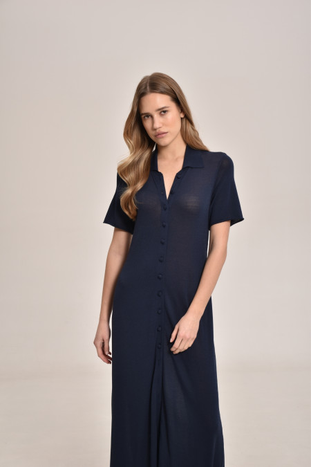 Navy Maxi Viscose Knit Button Down Dress