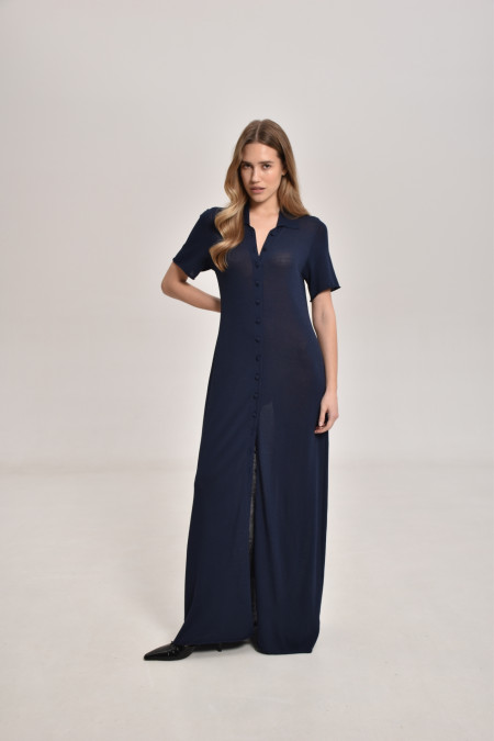 Navy Maxi Viscose Knit Button Down Dress