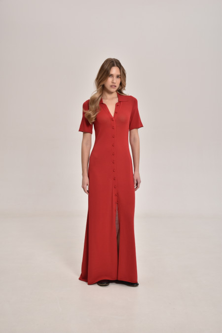Dark Red Maxi Viscose Knit Button Down Dress