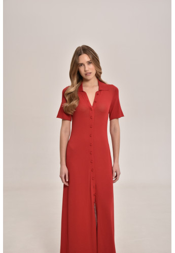 Dark Red Maxi Viscose Knit Button Down Dress