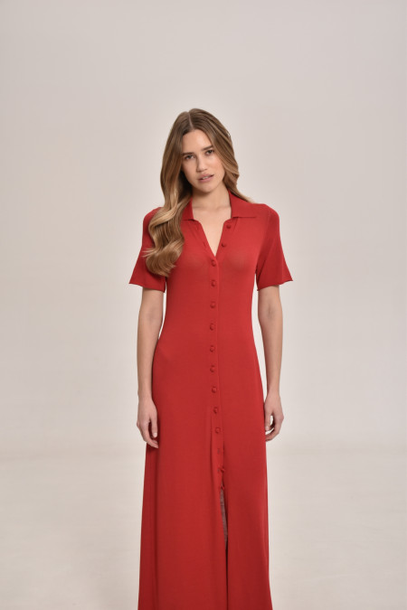 Dark Red Maxi Viscose Knit Button Down Dress