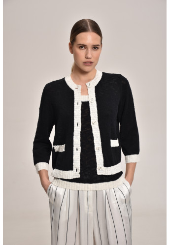 Black-Off-White Textured Jacket With Contrasting Border
