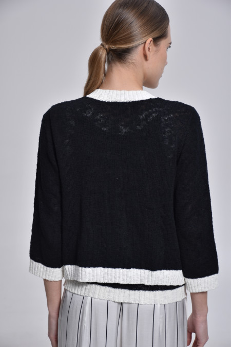 Жакет з фактурної пряжі з контрастною каймою чорний-молочний