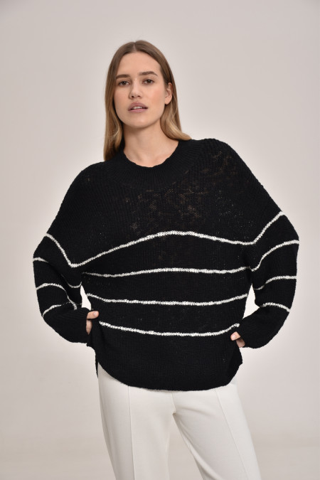 Black-Off-White Striped Textured Jumper