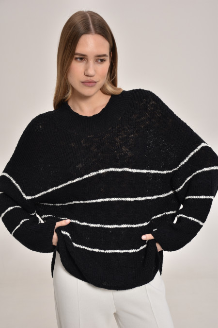 Black-Off-White Striped Textured Jumper