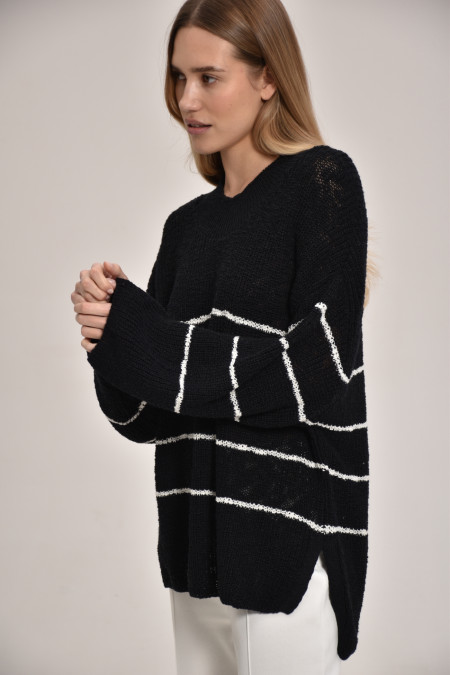 Black-Off-White Striped Textured Jumper