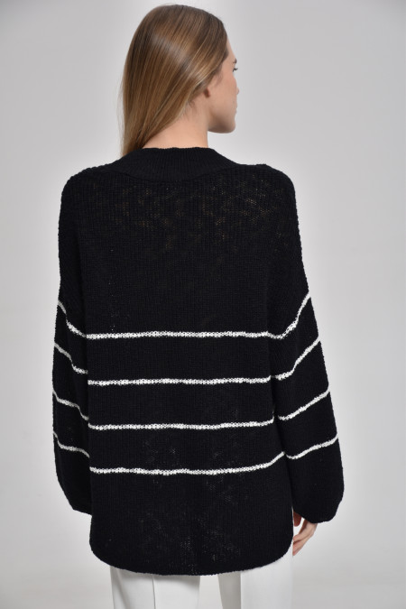 Black-Off-White Striped Textured Jumper