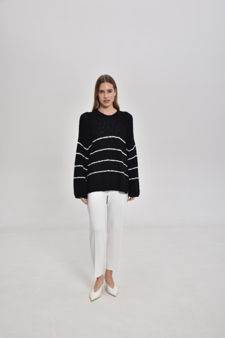 Black-Off-White Striped Textured Jumper