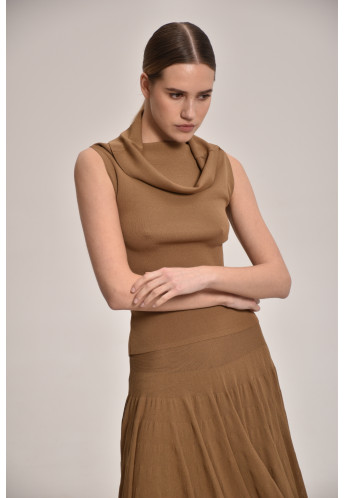 Dark Beige Viscose Off-The-Shoulder Knitted Top