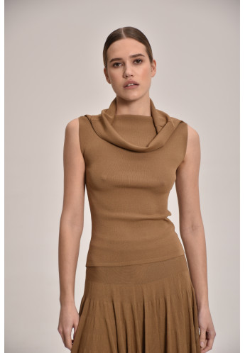 Dark Beige Viscose Off-The-Shoulder Knitted Top