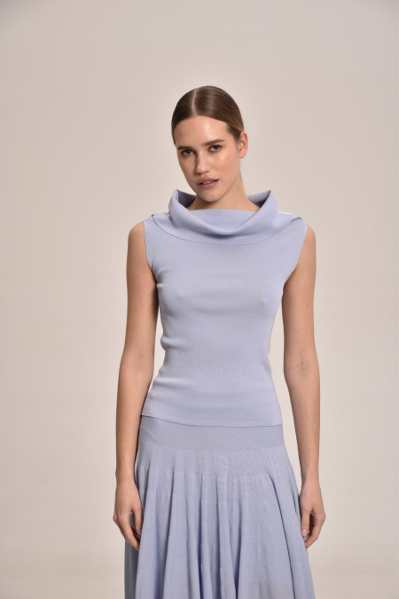 Blue Viscose Off-The-Shoulder Knitted Top