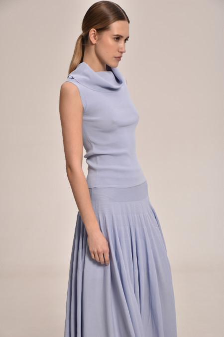 Blue Viscose Off-The-Shoulder Knitted Top