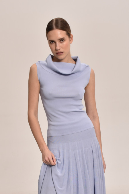 Blue Viscose Off-The-Shoulder Knitted Top