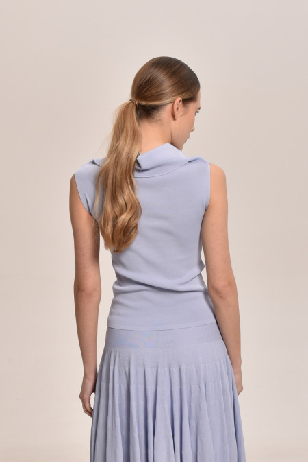 Blue Viscose Off-The-Shoulder Knitted Top